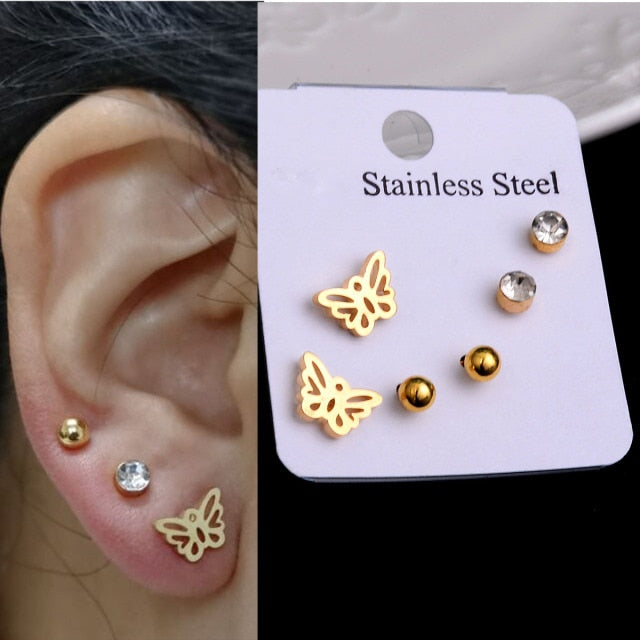 Stainless Steel Earrings Small Cute Butterfly Star Moon Heart Stud Earrings Set Punk Piercing Earing Women's Minimalist Jewelry