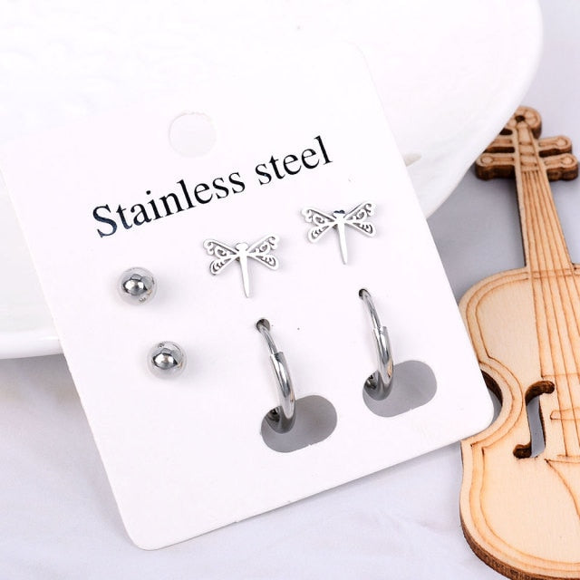 Stainless Steel Earrings Small Cute Butterfly Star Moon Heart Stud Earrings Set Punk Piercing Earing Women's Minimalist Jewelry