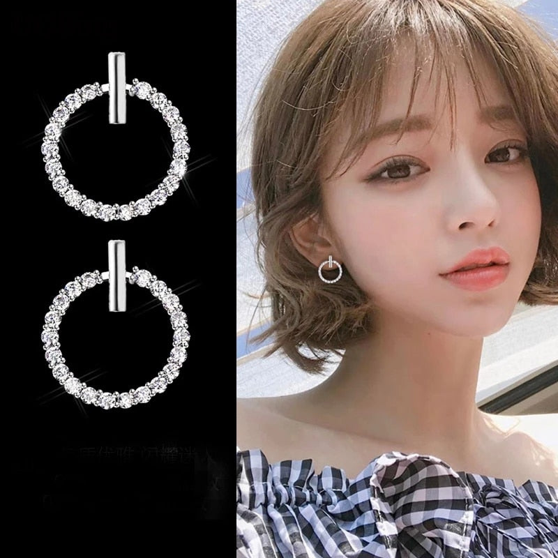 LByzHan Free Shipping Fashion 925 Sterling Silver Crystal Rhinestone Geometric Round Stud Earrings For Women Beautiful Jewelry