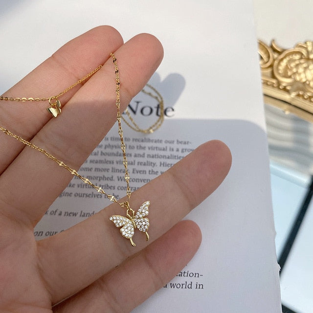 Silver glitter crystal butterfly double necklace ladies simple design crystal elegant wedding jewelry gift