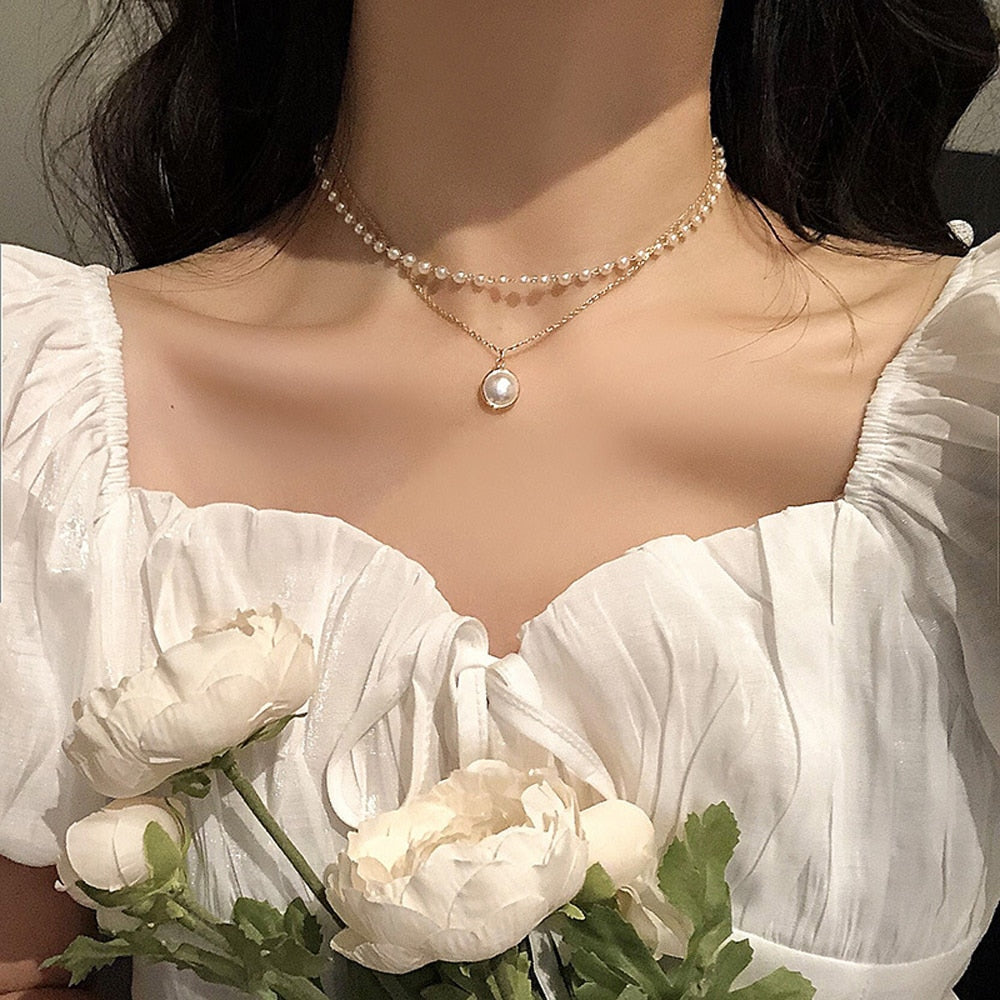 New Fashion Kpop Pearl Choker Necklace Cute Double Layer Chain Pendant For Women Jewelry Girl Gift чокер collares