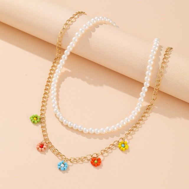 Korean Fashion Colorful Little Daisy Flower Beaded Necklace For Women Bohemian Beads Clavicle Chain Choker Necklace Jewelry