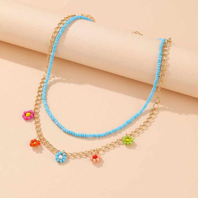 Korean Fashion Colorful Little Daisy Flower Beaded Necklace For Women Bohemian Beads Clavicle Chain Choker Necklace Jewelry