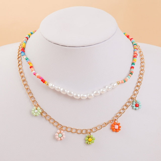 2 Pcs/Set Bohemian Multicolor Beaded Necklaces For Women Boho Gold Color Metal Chain Handmade Beads Flower Necklace Jewelry