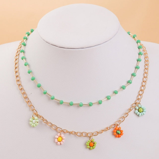 2 Pcs/Set Bohemian Multicolor Beaded Necklaces For Women Boho Gold Color Metal Chain Handmade Beads Flower Necklace Jewelry