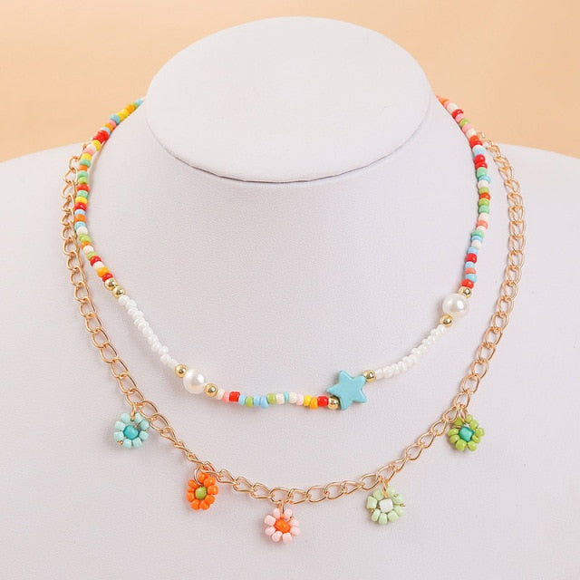 2 Pcs/Set Bohemian Multicolor Beaded Necklaces For Women Boho Gold Color Metal Chain Handmade Beads Flower Necklace Jewelry