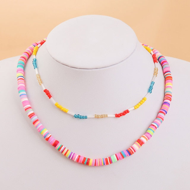 2 Pcs/Set Bohemian Multicolor Beaded Necklaces For Women Boho Gold Color Metal Chain Handmade Beads Flower Necklace Jewelry