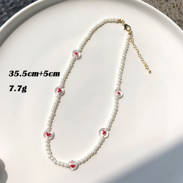 HUANZHI Vintage Sweet Choker Weave Pearls Choker Red Heart Colorful Beaded Irregular Flowers Rhinestone Necklace for Women