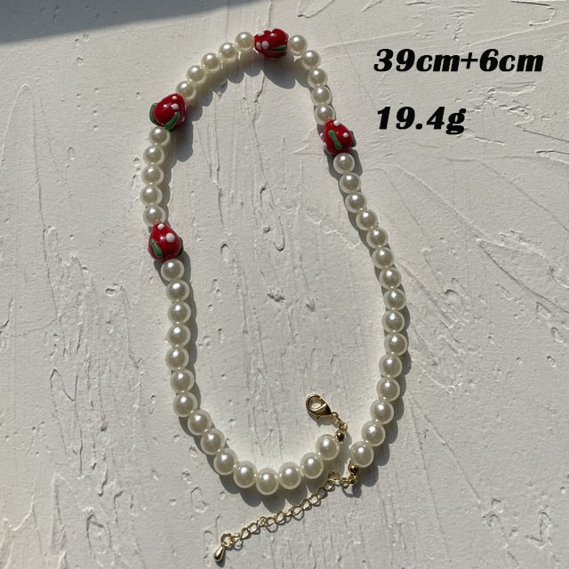 HUANZHI Vintage Sweet Choker Weave Pearls Choker Red Heart Colorful Beaded Irregular Flowers Rhinestone Necklace for Women