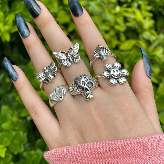 Vintage Silver Plated Angel Wings Ring for Womens Gothic Punk Steampunk Heart Butterfly Skull Ring Sets Party Jewelry 2021